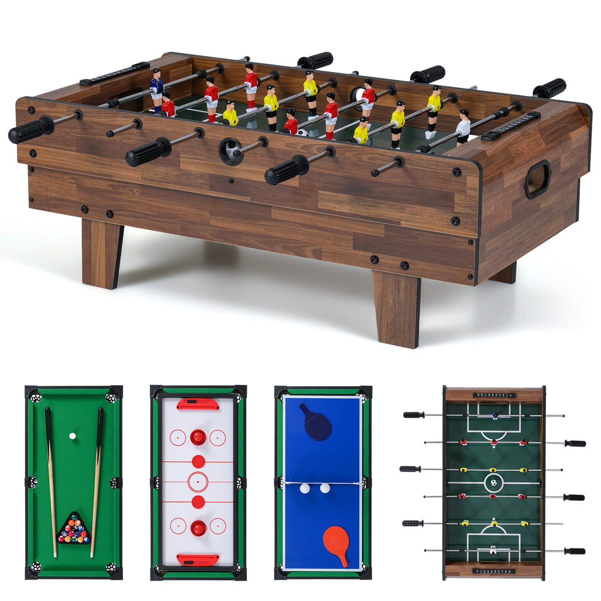 4-in-1 Multi-Game Table, Billiards, Air Hockey, Foosball & Ping Pong, Stackable Surfaces, Slanted Stabilizing Legs, All Accessories Included, 32"x17"x12", Natural/Black