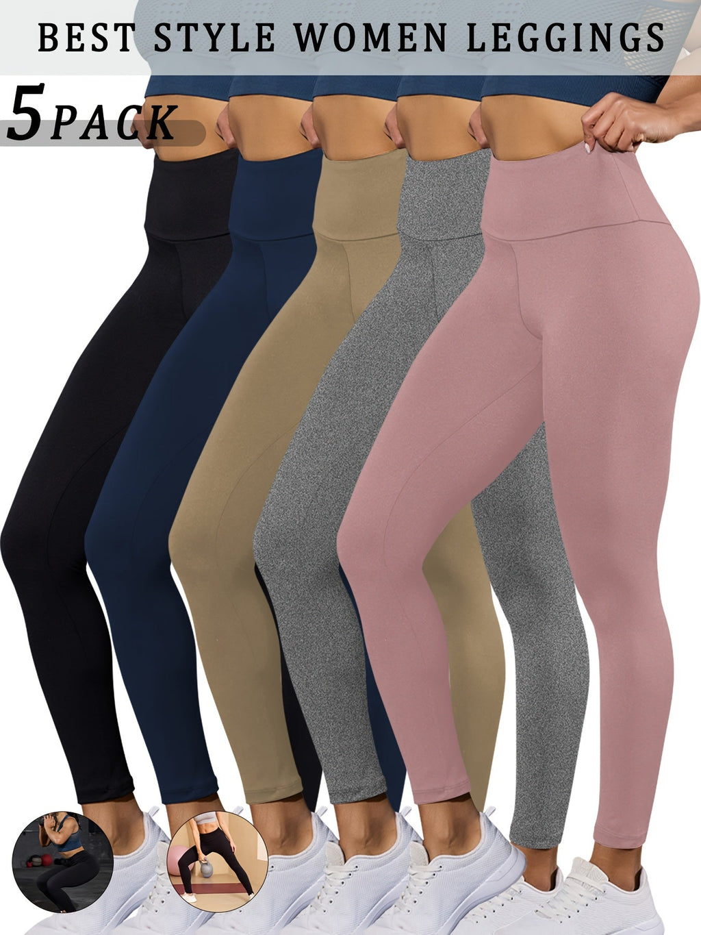 5-Pack Women's Super Soft High-Waist Tummy Control Leggings - Non-See-Through Workout, Yoga & Running Pants - XS–XXL - Black, Mixed Neutrals & Multi-Color Packs