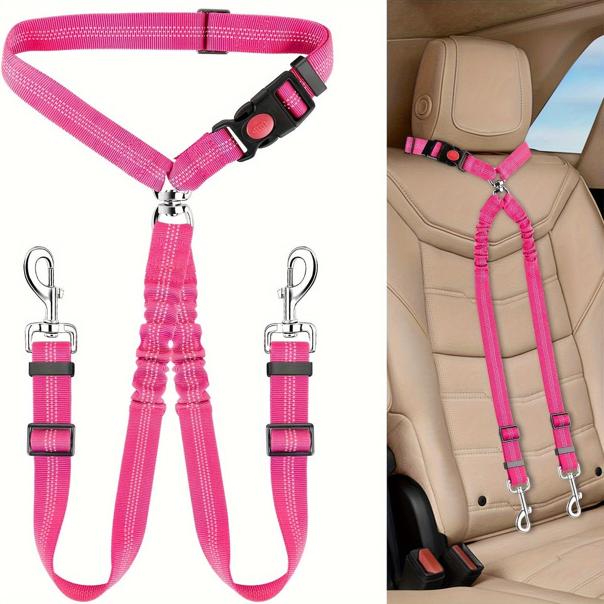 Dual Dog Car Seat Belt for 2 Dogs, No-Tangle Headrest Restraint, Adjustable Bungee Pet Safety Harness for Small, Medium, and Large Dogs for Car Travel