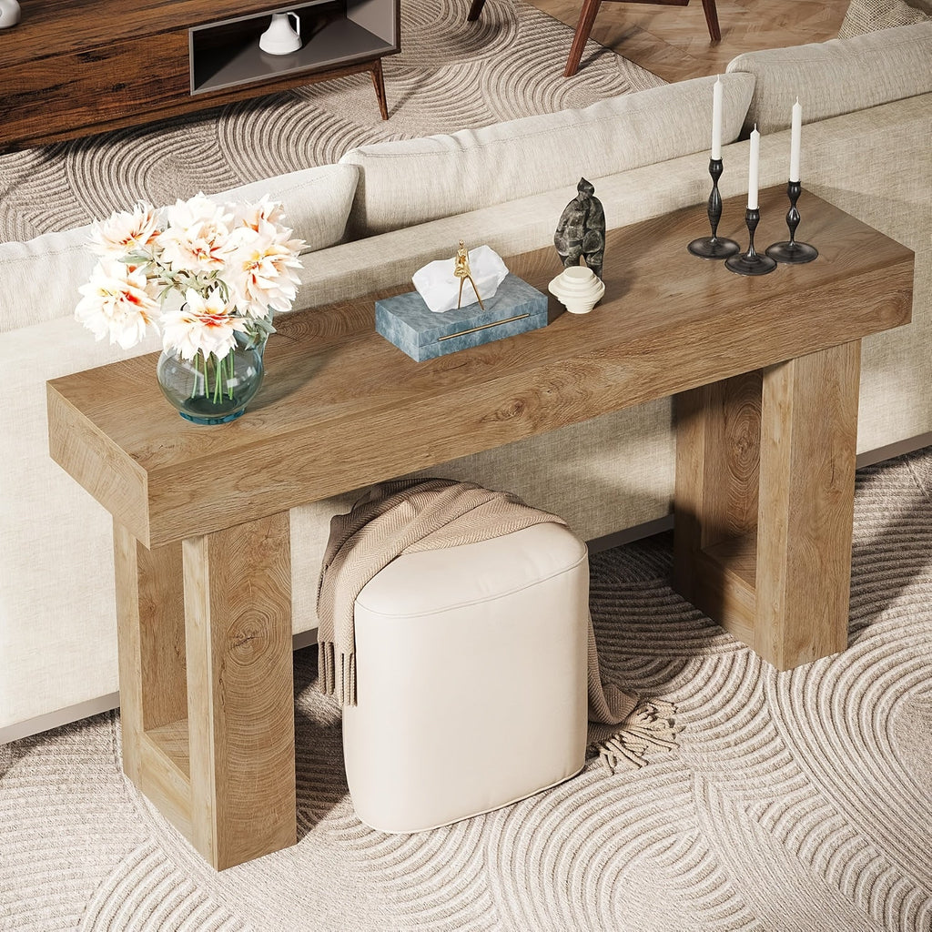 63-Inch Farmhouse Console Table, Rustic Wooden Sofa Table Behind Couch, MDF Entryway Table with Anti-Wobble Foot Pads for Hallway Living Room, Versatile Country Style Home Decor