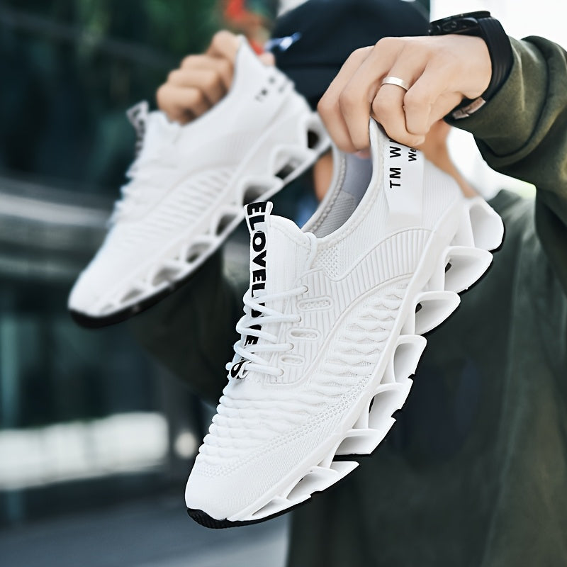 Men's Breathable Running Shoes, Lightweight Fish Scale Fabric Upper, Durable Outsole, Low-Top for Running, Hiking, Walking, Casual Sports, White/Black, US 7-13.5
