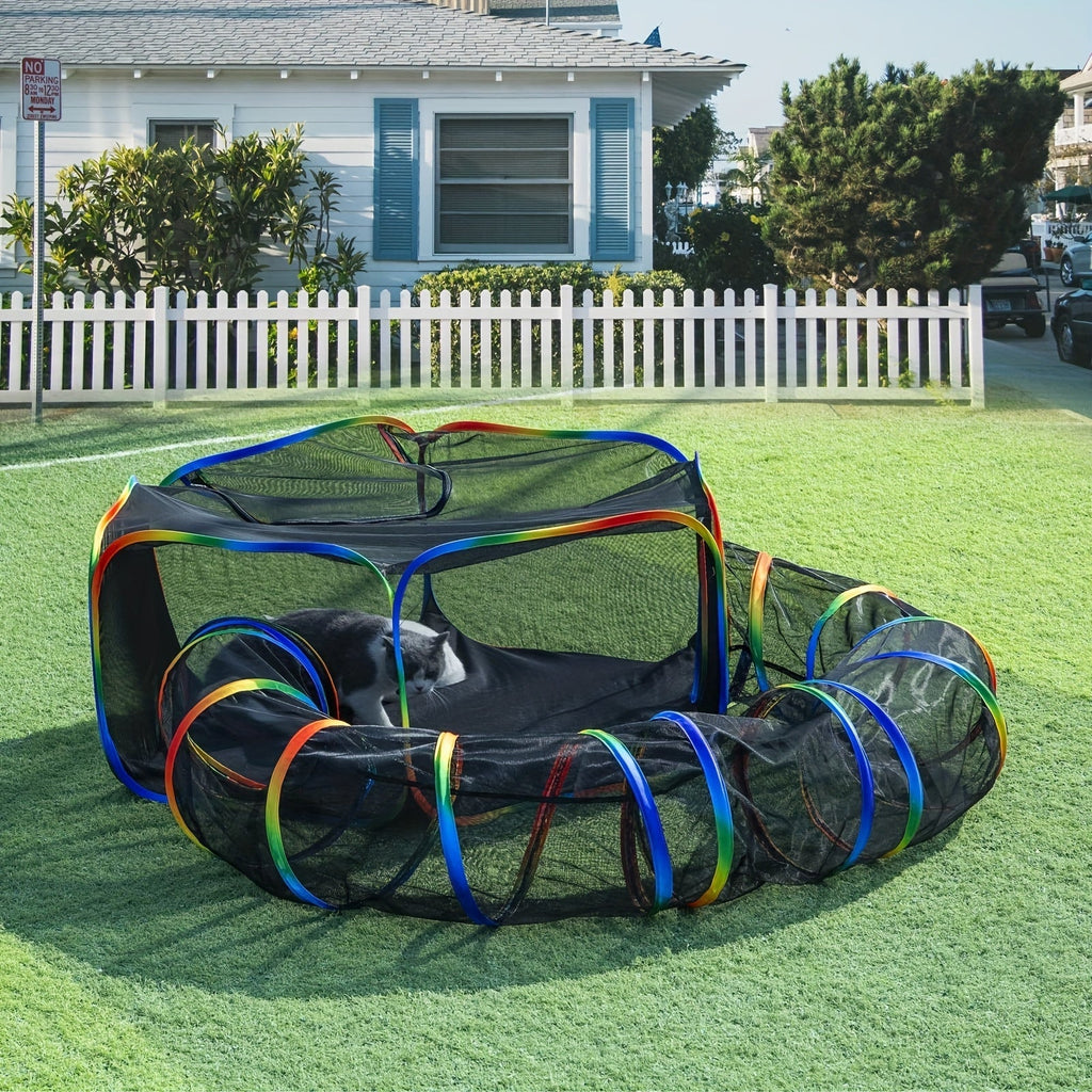 Rainbow Cat Playpen Outdoor Cat Enclosure with Circle Tunnel and Portable Pop-Up Tent, Foldable Cat Playground for Cats, Kittens, and Small Animals, Indoor/Outdoor Use