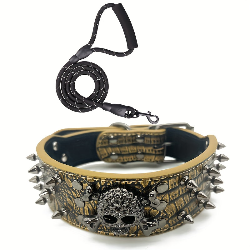 Spiked Studded Dog Collar and Leash Set – Riveted PU Leather Dog Collar for Training & Walking, Punk Rock Style Collar for Small, Medium, and Large Dogs, Adjustable Heavy Duty with Metal Buckle