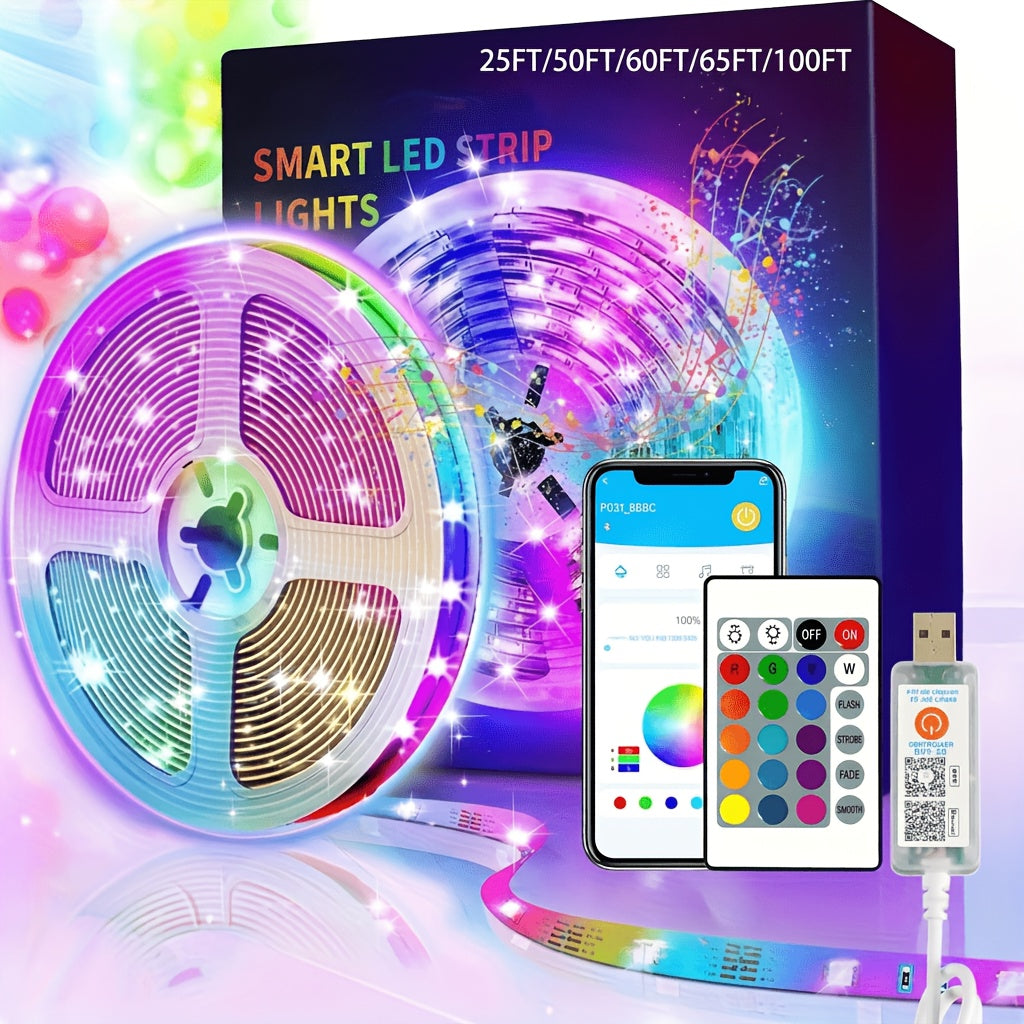 RGB LED Strip Lights Music Sync, 25FT 50FT 60FT 65FT 100FT Color Changing LED Lights with Remote & Smart APP Control, USB Powered, for Bedroom, Gaming Room, Party, Halloween, Christmas, and Home Decoration