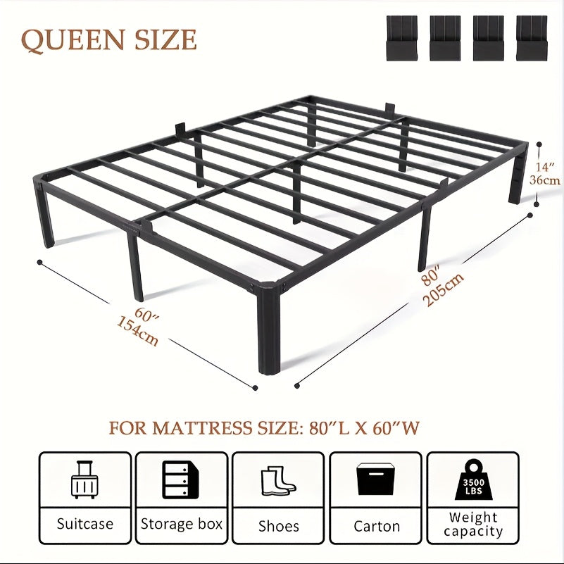 14-Inch Heavy-Duty Metal Bed Frame 3500 LBS Black Fan-Shaped Legs 4 Mattress Limiters No Box Spring No Noise Large Under-Bed Storage – Twin Full Queen King