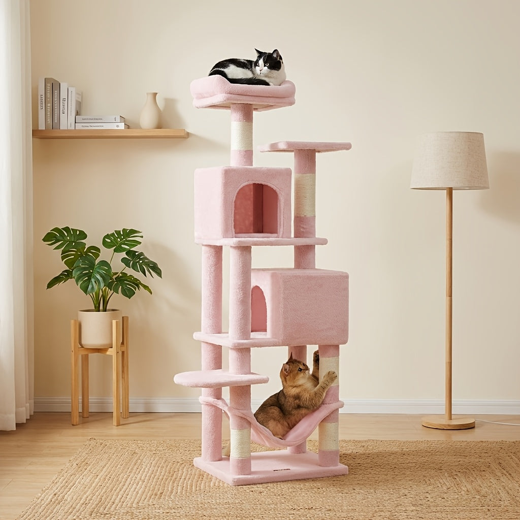 61-Inch Multi-Level Cat Tree Tower – Plush Cat Condo with 5 Scratching Posts 2 Perches 2 Caves Hammock & Pompoms for Indoor Cats in 7 Colors