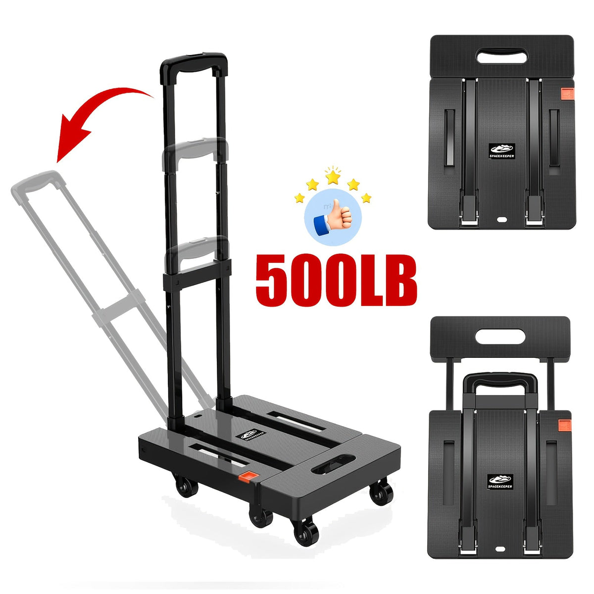 500LB Collapsible Hand Trolley & Utility Dolly with 6 Wheels - Foldable Luggage Cart with 2 Elastic Straps for Moving, Travel, Shopping, Warehouse, Office - 4 Options