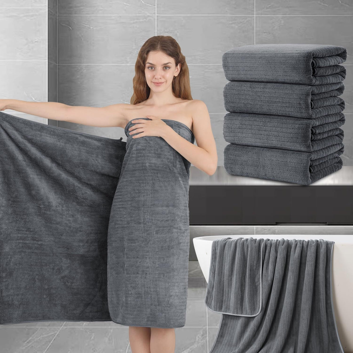 4-Pack Extra Large Bath Sheet - 35"x70", Ultra Soft Premium Microfiber, Highly Absorbent & Quick Dry - Bathroom, Hotel & Spa Shower Towel - Gray, Navy Blue, Pink, Black & Multi-Color