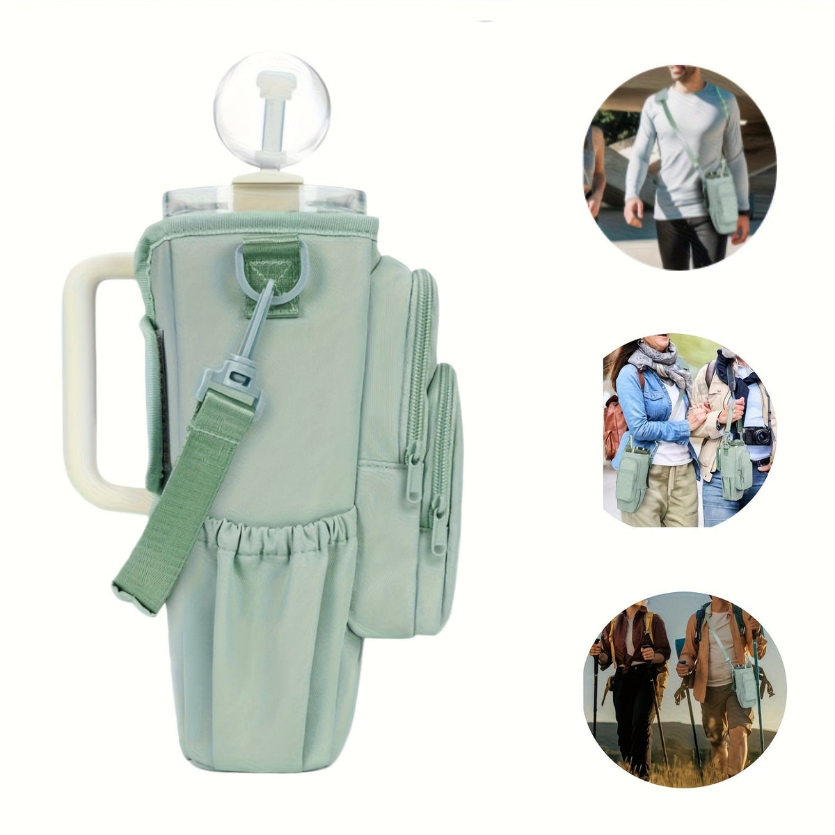 40oz Insulated Water Bottle Sling Bag with Straw Lid & Handle – Hands-Free Carrier with Phone Pocket, Zippered Compartments, and Adjustable Strap for Dog Walking, Gym, Travel, Outdoor, Men, and Women