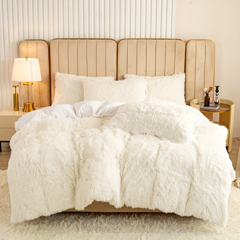 Plush Duvet Cover Set 3 Piece, Long Hair Knitted Polyester, Solid Color Fuzzy Comforter Cover with Zipper Closure, All-Season Soft Cozy Bedding Set for Bedroom, Multiple Colors Available