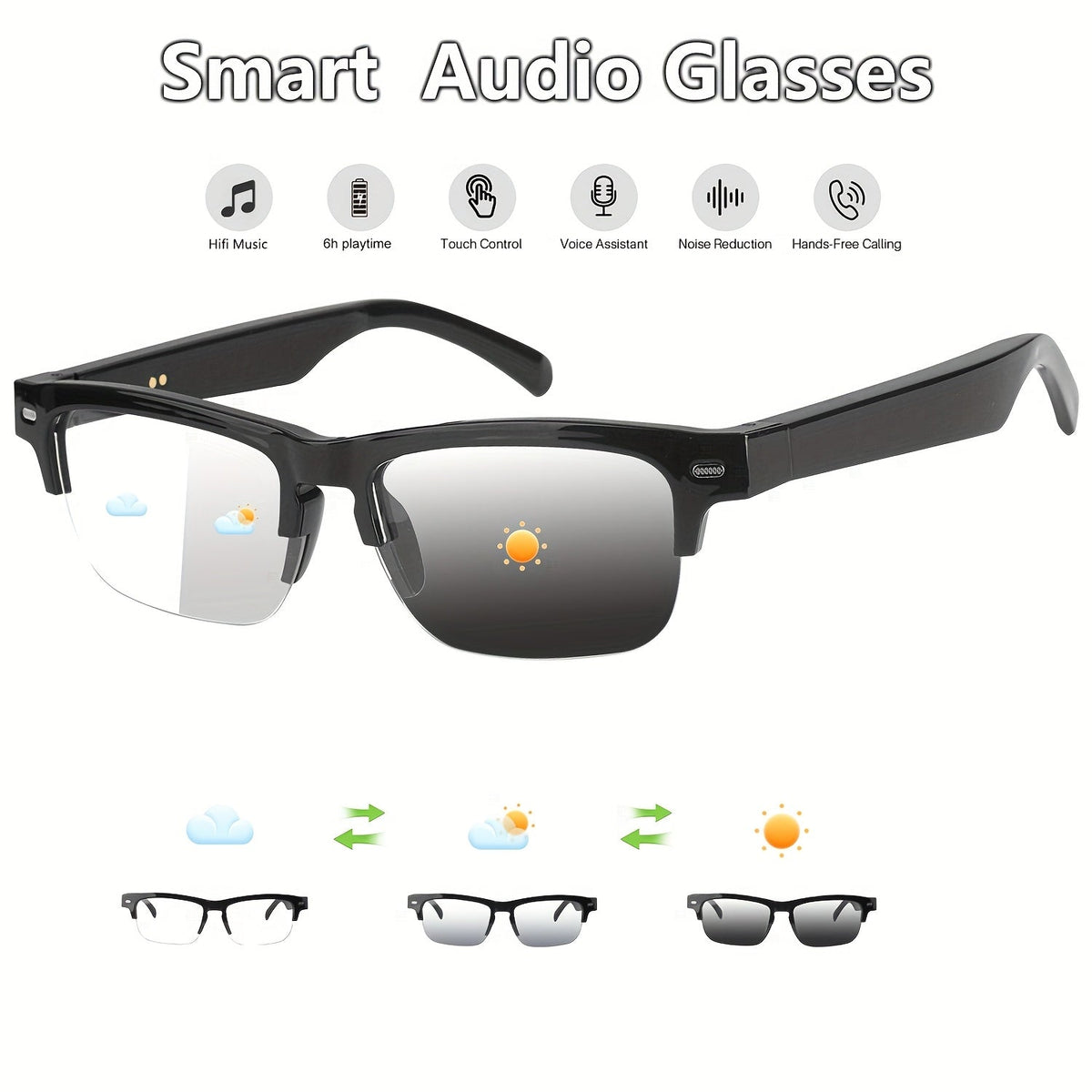 Smart Audio Glasses with Photochromic Auto-Tinting Lenses, Bluetooth Speaker, and Microphone – HD Voice Calls, HiFi Music, UV Protection, Wireless Smart Sunglasses for Sports, Driving, Fishing, and Daily Wear
