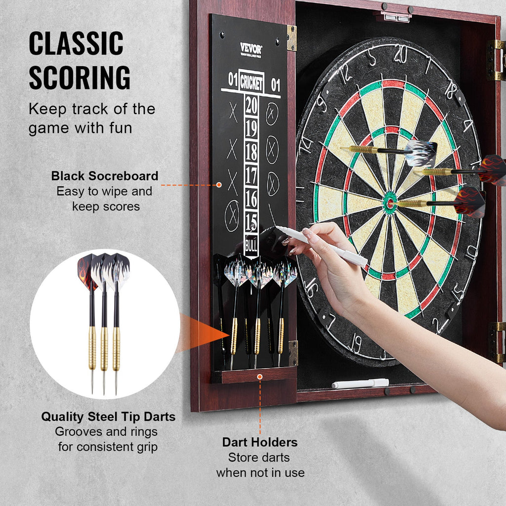 Dartboard Cabinet Set with 18" Self-Healing Sisal Board, 6 Steel Tip Darts, Scoreboard, Retro Woodgrain Cabinet, Staple-Free Bullseye, Complete Accessories Included, for Home Game Room Bar