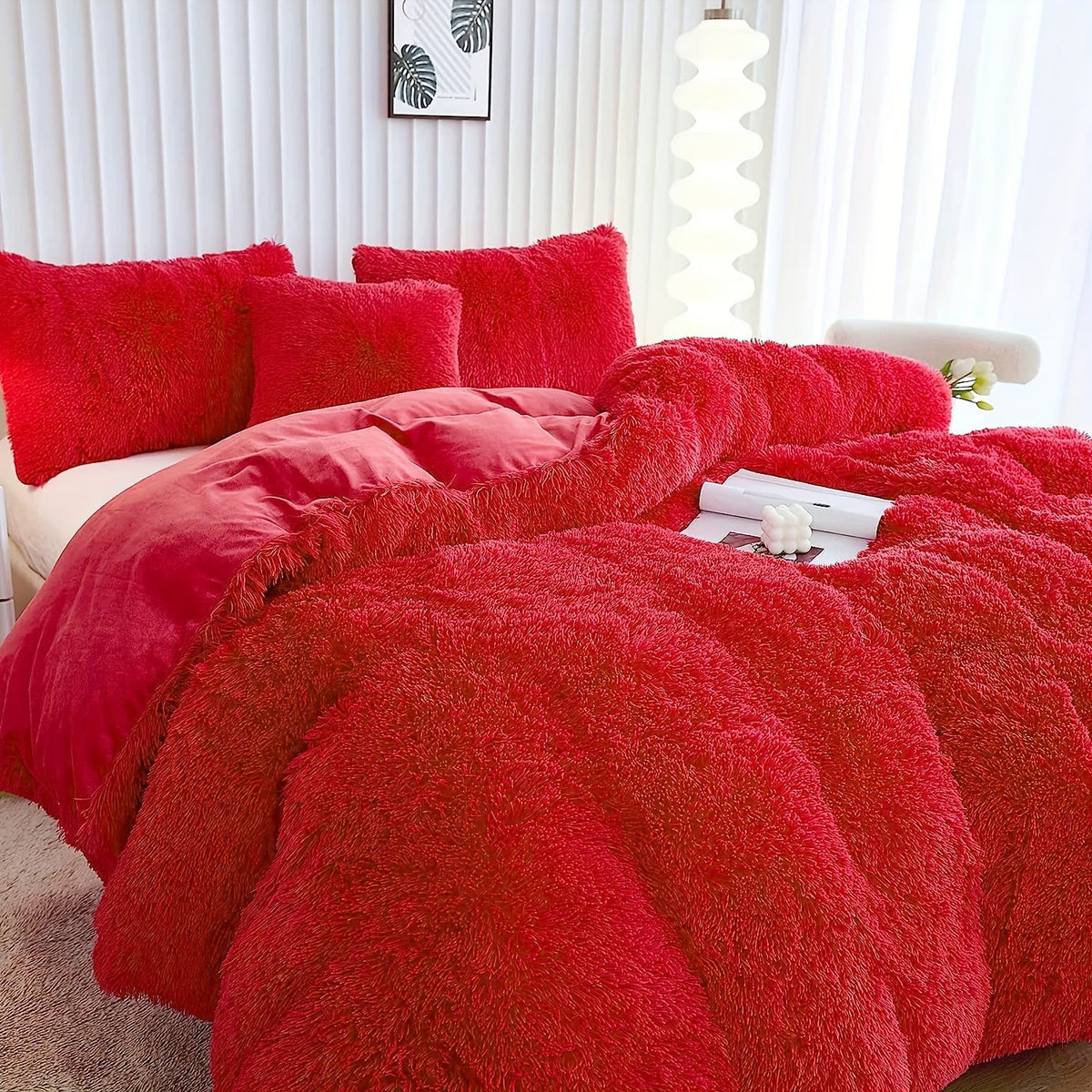 Plush Duvet Cover Set 3 Piece, Long Hair Knitted Polyester, Solid Color Fuzzy Comforter Cover with Zipper Closure, All-Season Soft Cozy Bedding Set for Bedroom, Multiple Colors Available