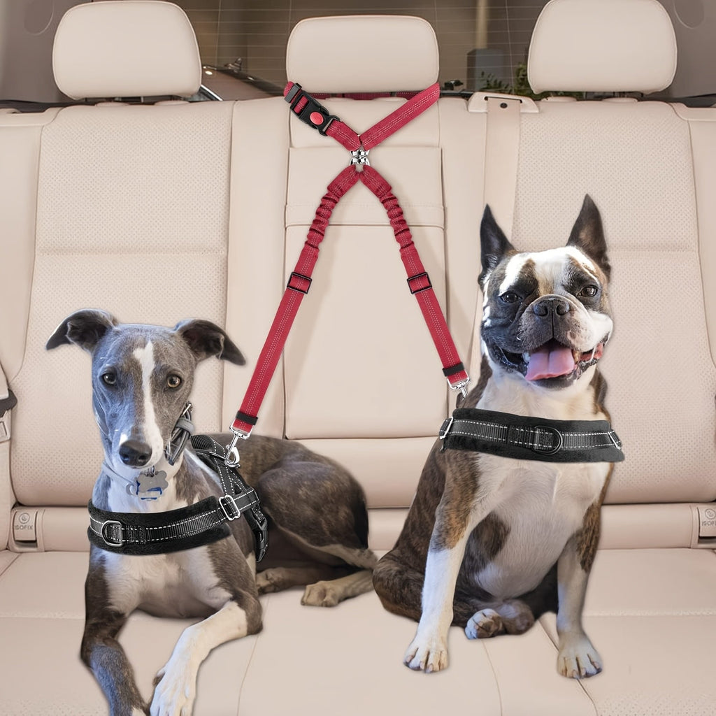 Dual Dog Car Seat Belt for 2 Dogs, No-Tangle Headrest Restraint, Adjustable Bungee Pet Safety Harness for Small, Medium, and Large Dogs for Car Travel