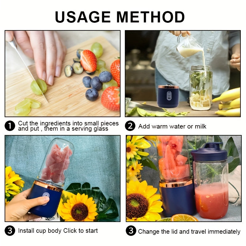 便携式个人果汁搅拌机 1500mAh USB充电 – 食品级ABS双杯水果蔬菜冰沙机，适用于家庭、旅行和健身房的多功能迷你榨汁机，含礼盒