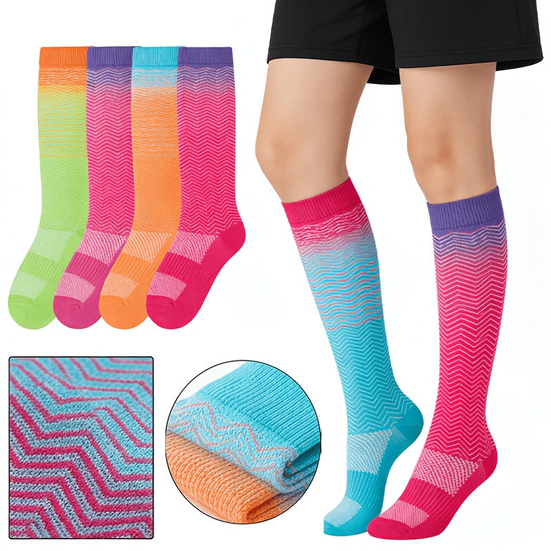4 Pairs Women's Compression Socks Extra Wide Extra Long, Flower Pattern 80% Polyamide Stretchy Knit Socks for Pregnant Women, Nurses, Running, Cycling, Yoga, Hiking, Travel – All-Season