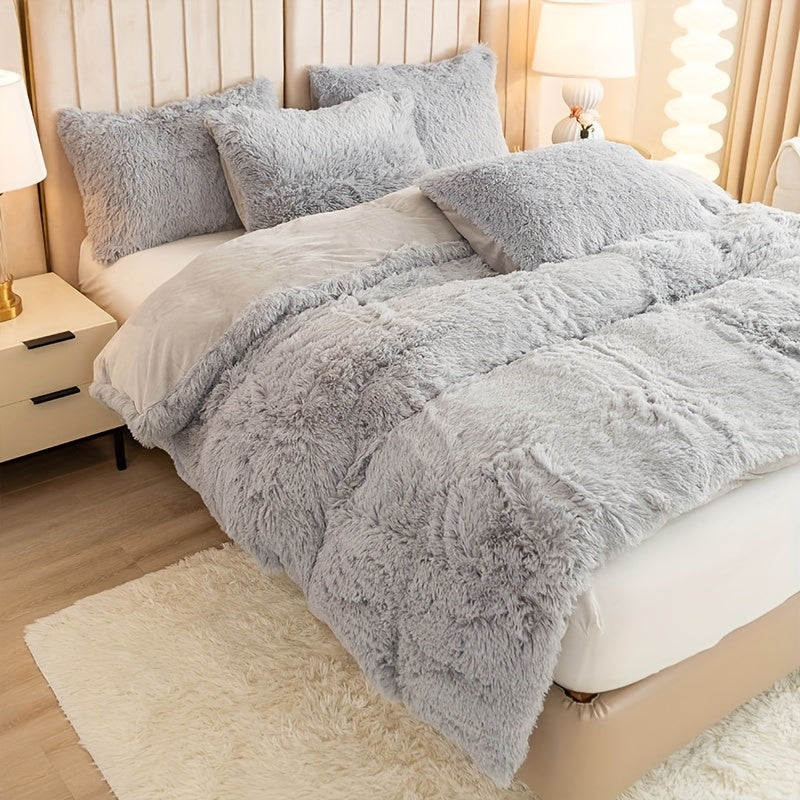 Plush Duvet Cover Set 3 Piece, Long Hair Knitted Polyester, Solid Color Fuzzy Comforter Cover with Zipper Closure, All-Season Soft Cozy Bedding Set for Bedroom, Multiple Colors Available