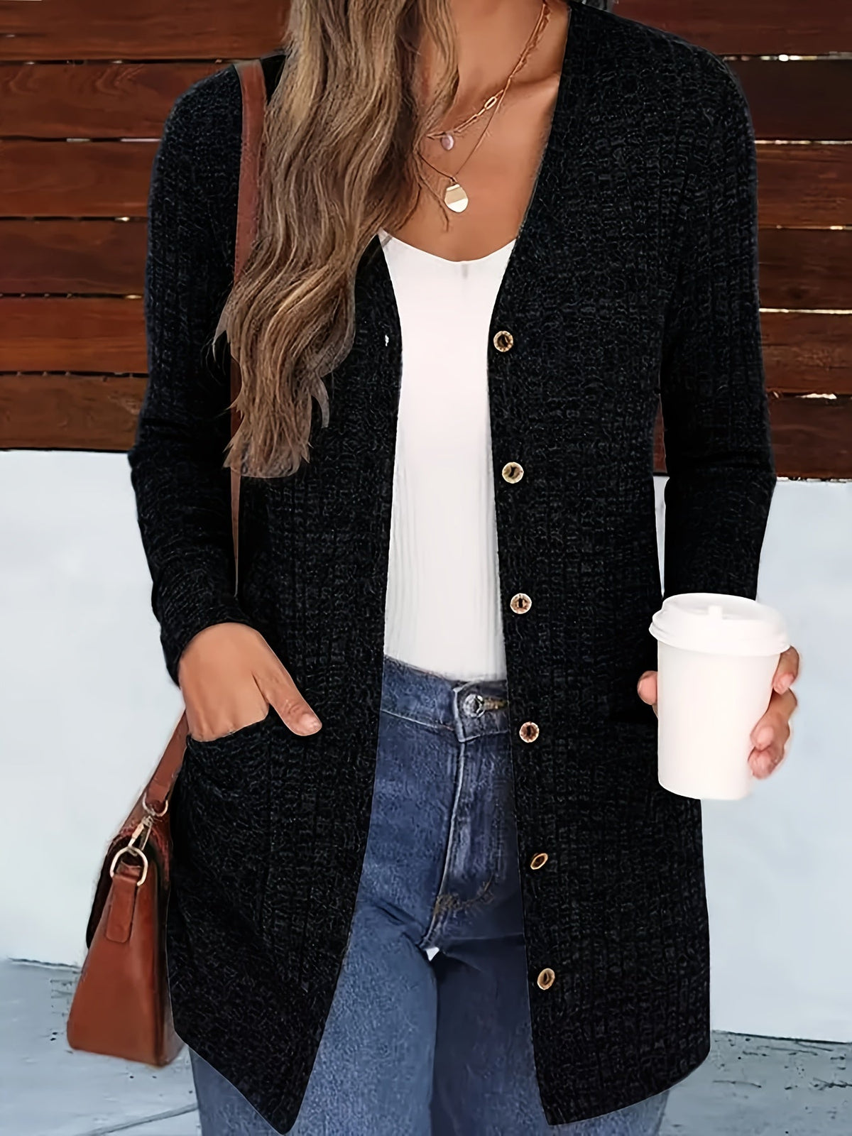 Women's V-Neck Button-Down Knit Cardigan with Pockets, Solid Color Fall Winter Sweater Coat S-XXL