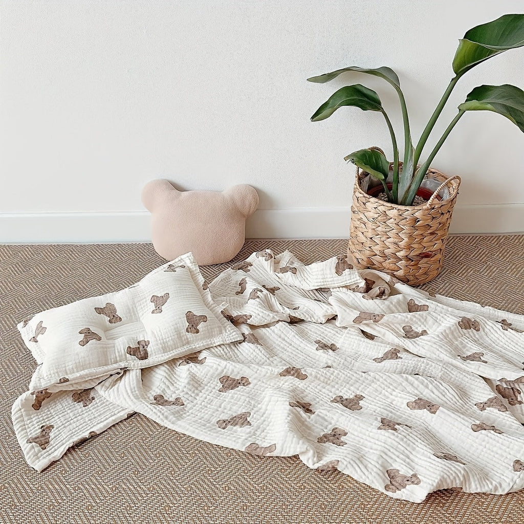 Double-Layer Cotton Gauze Baby Swaddle Blanket with Cute Bear Print, Soft Muslin Bath Towel Blanket for Newborns & Infants, 35x51 Inch Multi-Use Swaddle Wrap for Boys & Girls