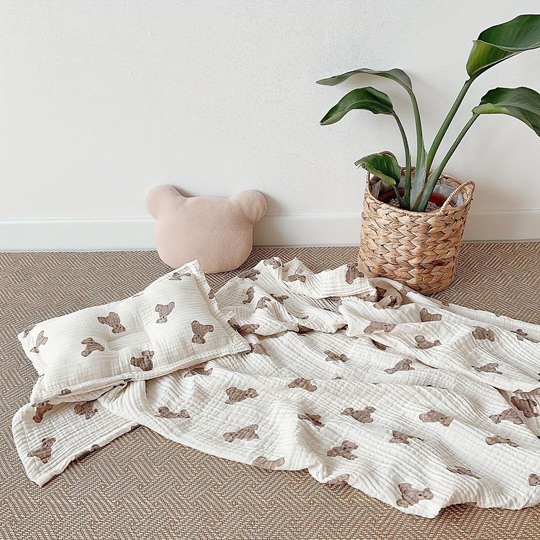 Double-Layer Cotton Gauze Baby Swaddle Blanket with Cute Bear Print, Soft Muslin Bath Towel Blanket for Newborns & Infants, 35x51 Inch Multi-Use Swaddle Wrap for Boys & Girls
