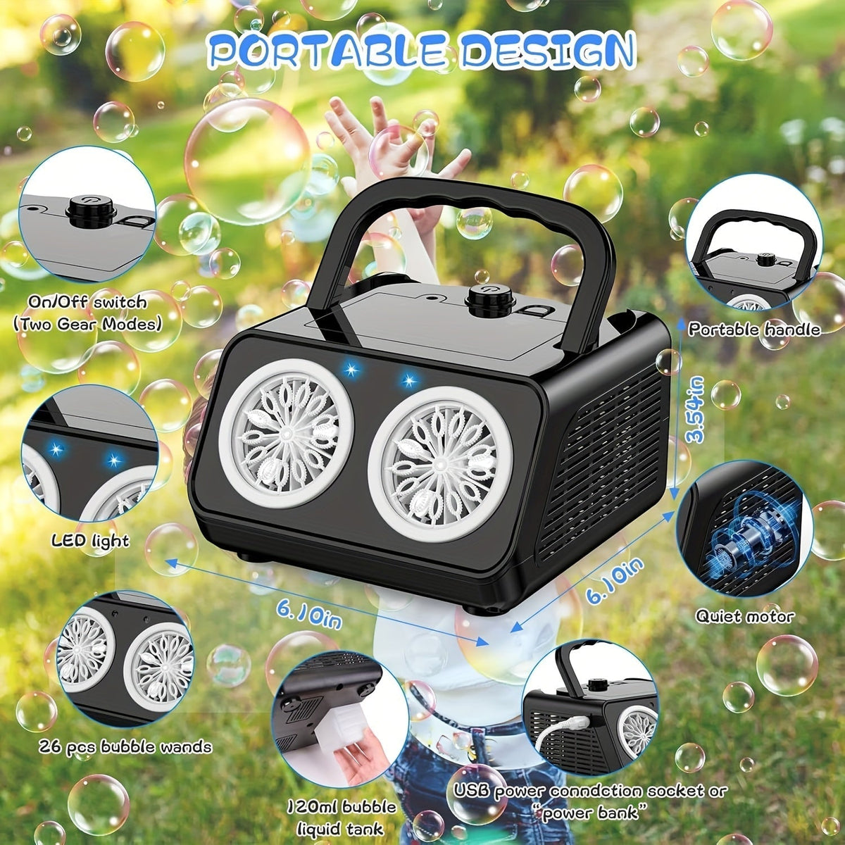 Upgraded Automatic Bubble Machine, Thickened 2-Fan Design, 20,000+ Bubbles Per Minute, Plug-in or Battery-Powered Portable Bubble Blower for Indoor/Outdoor Birthday Parties, Weddings, and Kids (White/Black)