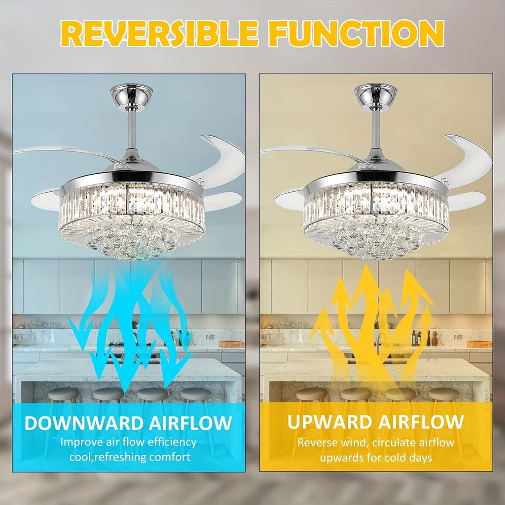 Modern Invisible Ceiling Fan with LED Light, Crystal Design, 3-Color Lighting (Warm/Neutral/White), 6-Speed Remote Control, Reversible Motor, for Bedroom Living Room Dining Room