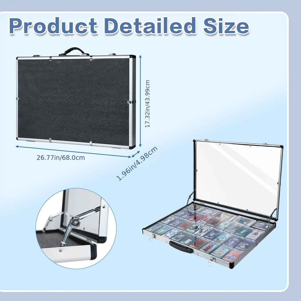 Aluminum Trading Card Display Case, Lockable Portable Collector Showcase Box with Carry Handle for Pokemon MTG Sports Cards Pins Jewelry Photos Collectibles, Silver Black