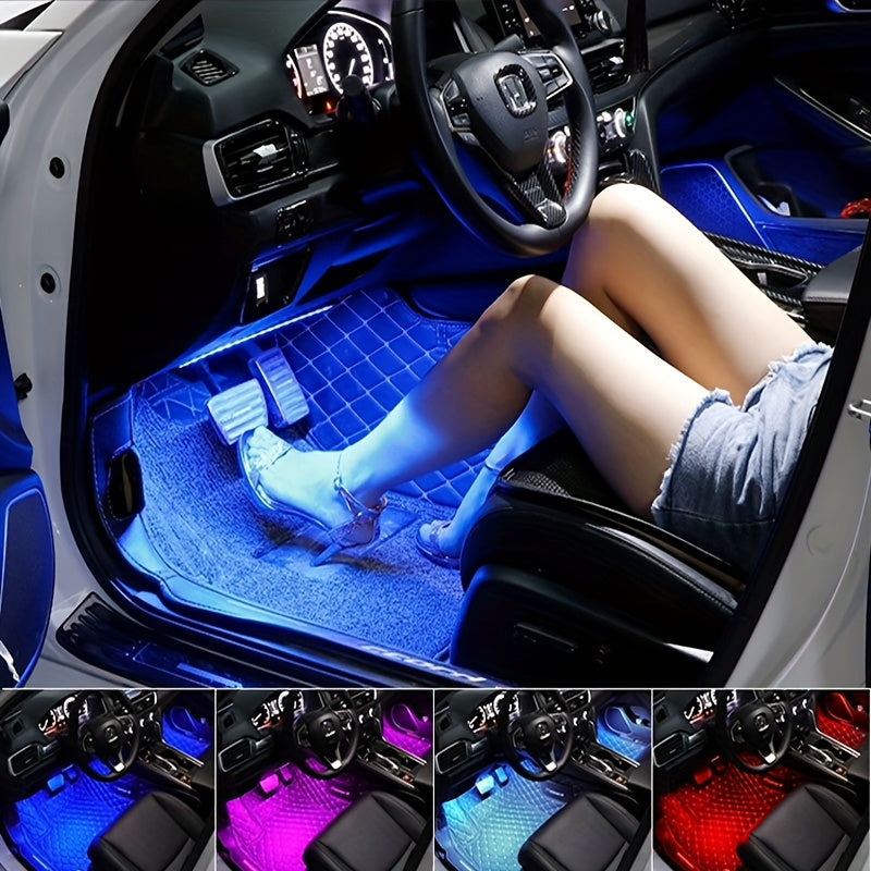 Music Sync LED Car Interior Lights – 4pcs USB Powered RGB Underfoot Ambient Lighting Kit with App & Remote Control, Colorful Atmosphere Lights for Car, Truck, SUV, No Battery Required