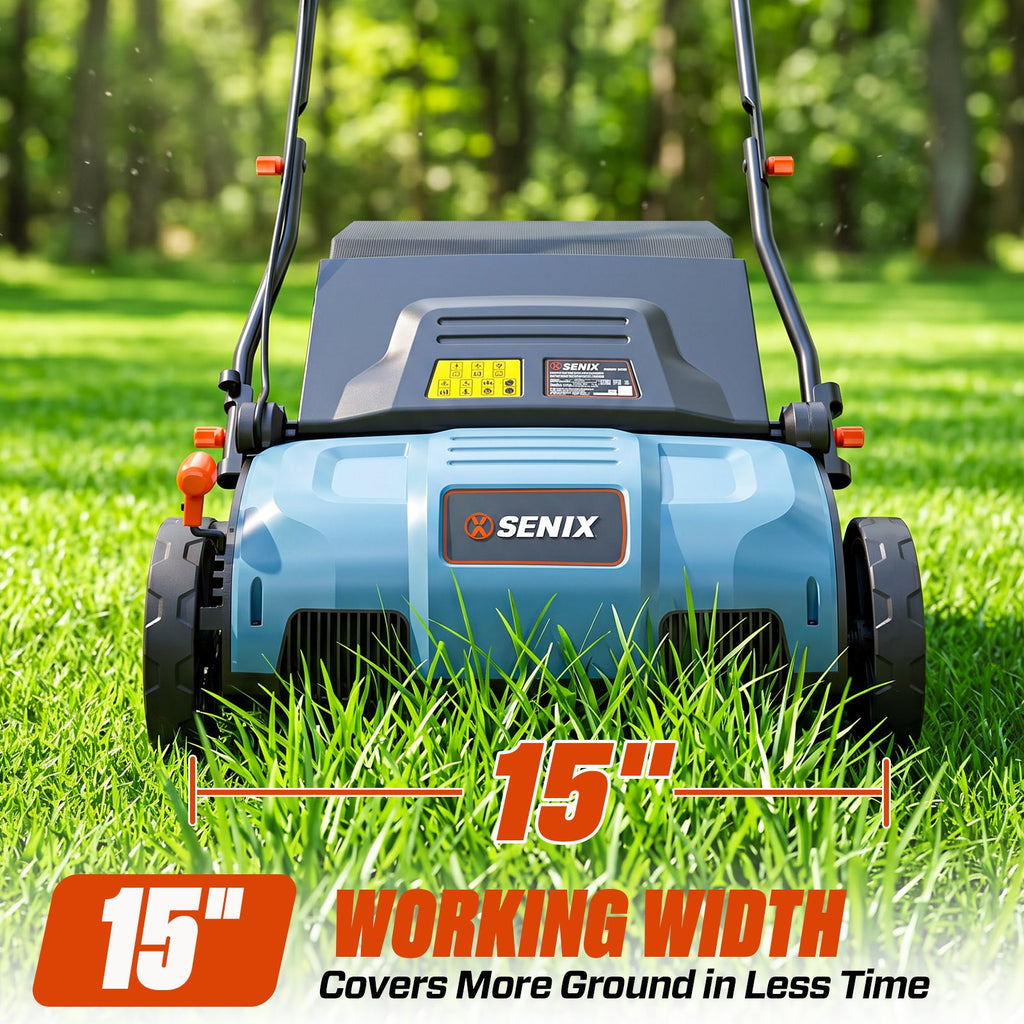 Electric Lawn Dethatcher & Scarifier 15-Inch 13 Amp 2-in-1 SENIX Tiller with 4 Depth Settings, Storage Bag, Quick Fold Design for Home Gardens & Patios – Promotes Lawn Vitality