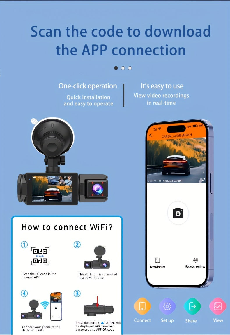 WiFi Dash Camera 2/3 Lens 170° Wide Angle Night Vision Loop Recording G-Sensor 2.0" IPS Screen with 32GB Memory Card - Front and Rear Car Camera
