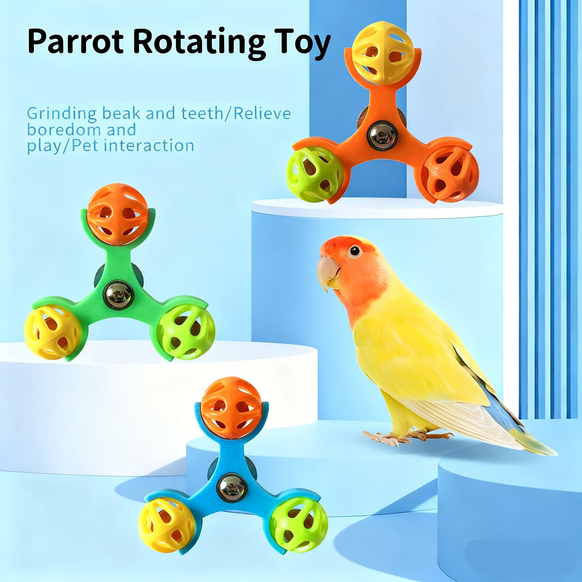 Parrot Rotating Bell Toy 360-Degree Spinning Puzzle Enrichment Anti-Boredom Bird Cage Accessory for Budgies, Cockatiels, Conures, and Lovebirds (Blue, Green, Yellow, Orange, Pink)