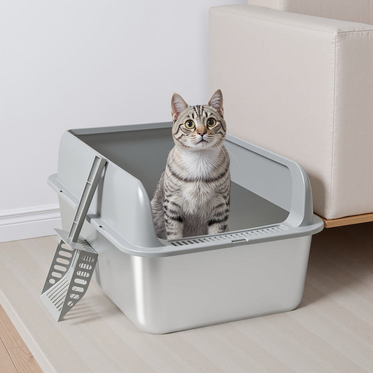 Stainless Steel Cat Litter Box, High-Sided Anti-Leakage Metal Litter Pan with Scoop and Sifting Tray, Rust-Proof, Odor-Resistant, Non-Stick, Easy-Clean Indoor Cat Toilet for Medium to Large Cats