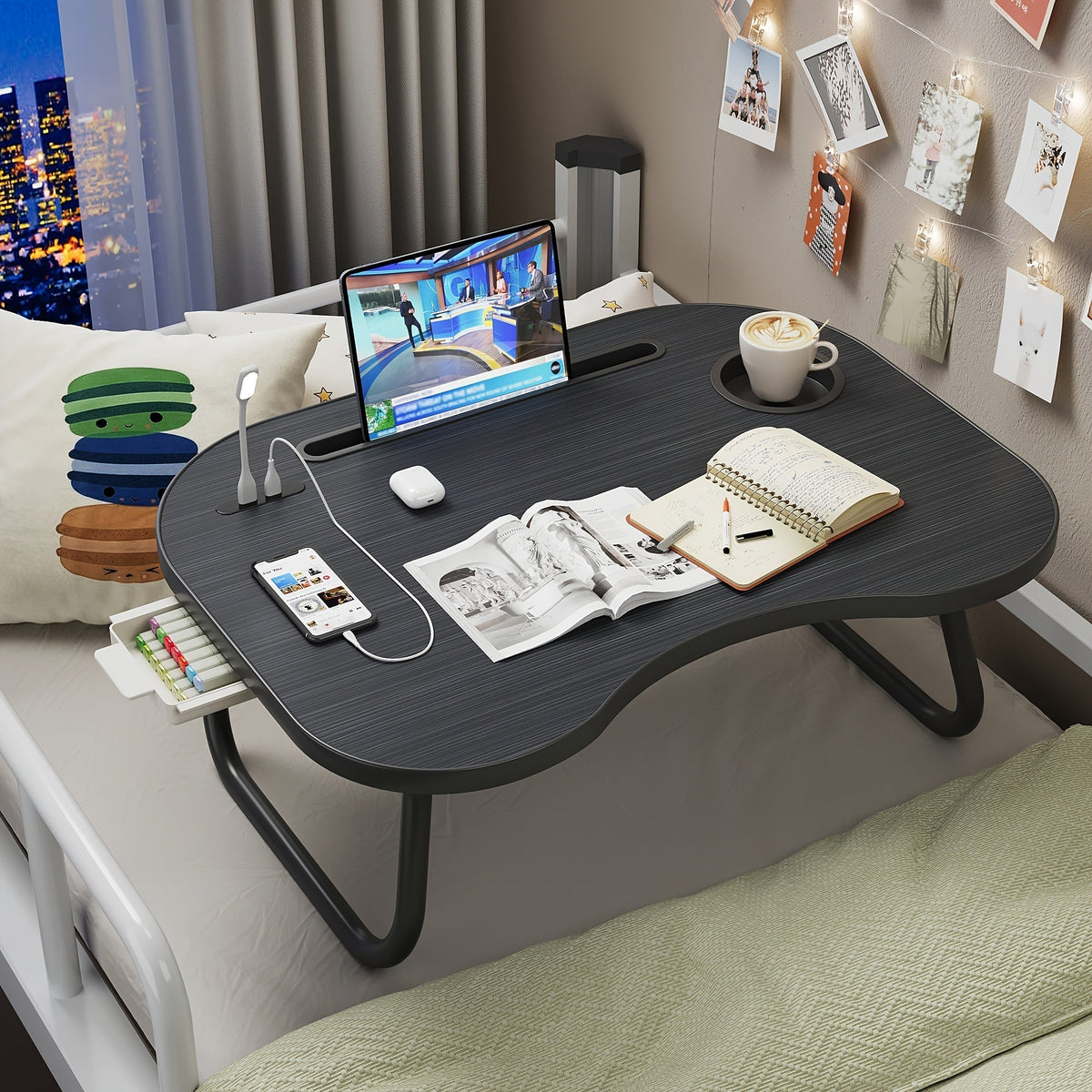 Laptop Desk with USB Port, Storage Drawer & Cup Holder – Walnut Wood Bed Tray Table for Eating, Writing, Sofa, Couch, Adults, and Students