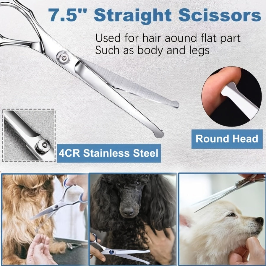 7-Piece Pet Grooming Scissors Set – Ceramic-Coated 4CR Stainless Steel, Safety Round Tips, Straight, Thinning & Curved Shears with Comb & Storage Bag for All Breeds of Dogs and Cats