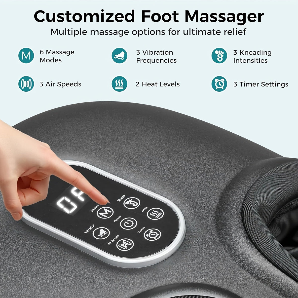 Shiatsu Foot Massager Machine with Heat Deep Kneading & Air Compression 6 Modes – Gift for Men & Women – Black