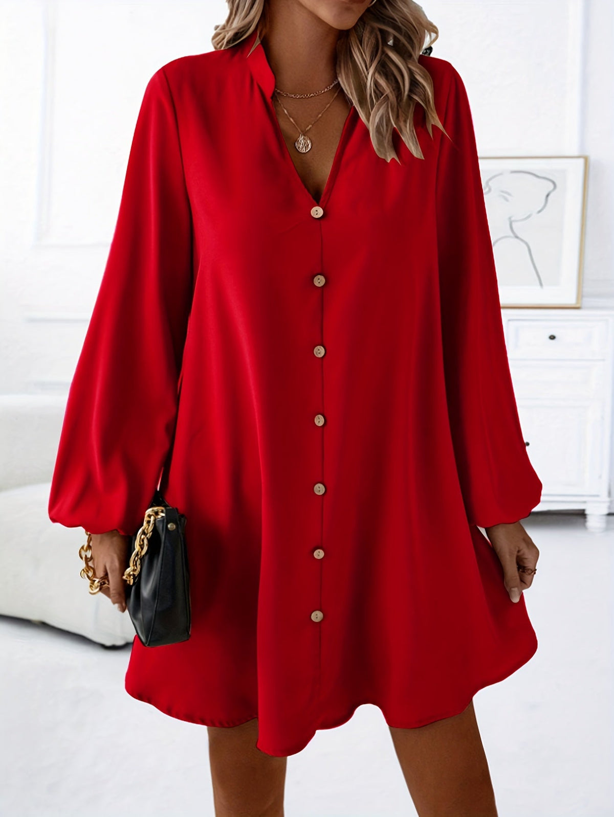 Women's V-Neck Long Sleeve A-Line Flared Dress, Elegant Solid Color Single-Breasted Midi Dress for Spring, Summer, Party, and Casual Wear