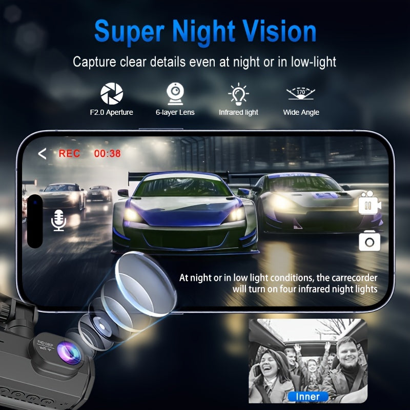 WiFi Dash Camera 2/3 Lens 170° Wide Angle Night Vision Loop Recording G-Sensor 2.0" IPS Screen with 32GB Memory Card - Front and Rear Car Camera