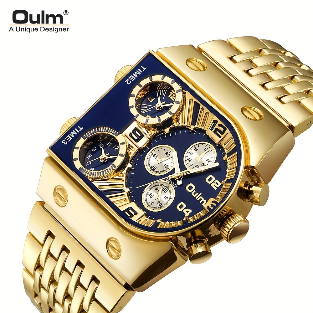 Oulm Men's Multi-Time Zone Large Dial Stainless Steel Business Quartz Watch, Dual Display, Black and Blue, Gift for Him