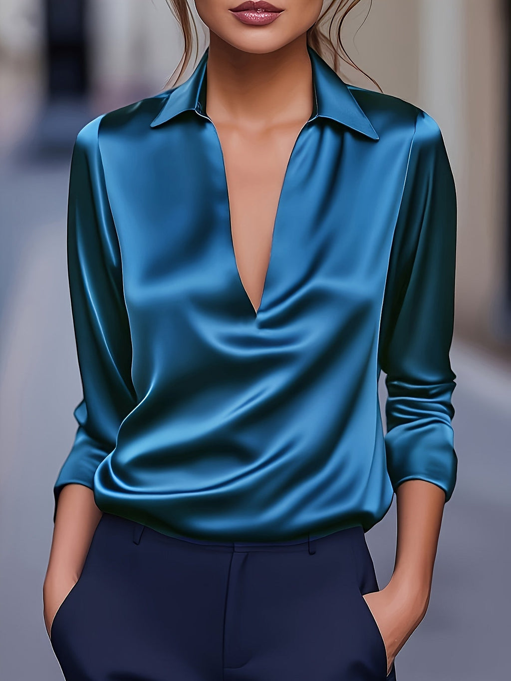 V-Neck Satin Blouse Women's Elegant Solid Color Long Sleeve Loose Fit Casual Office Shirt Top S M L XL XXL Multi-Color