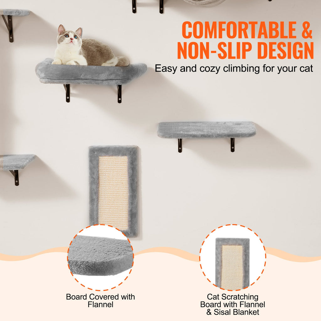 Wall Mounted Cat Shelves Set of 6, Cat Wall Furniture with 2 Jump Boards, Hammock, Sofa, Cat Tree & Grip, 40 lbs Capacity, Non-Toxic Pine, Plush Pad, Easy Install, Space-Saving Cat Playground