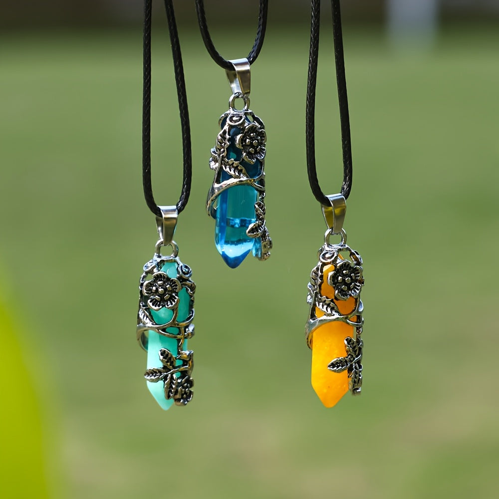 20pcs Natural Stone Hexagon Prism Pendant Necklace DIY Kit, including 10 Wrapped Flower Pendants and 10 Faux Leather Ropes, Boho Handmade Jewelry Casual Accessories Gift