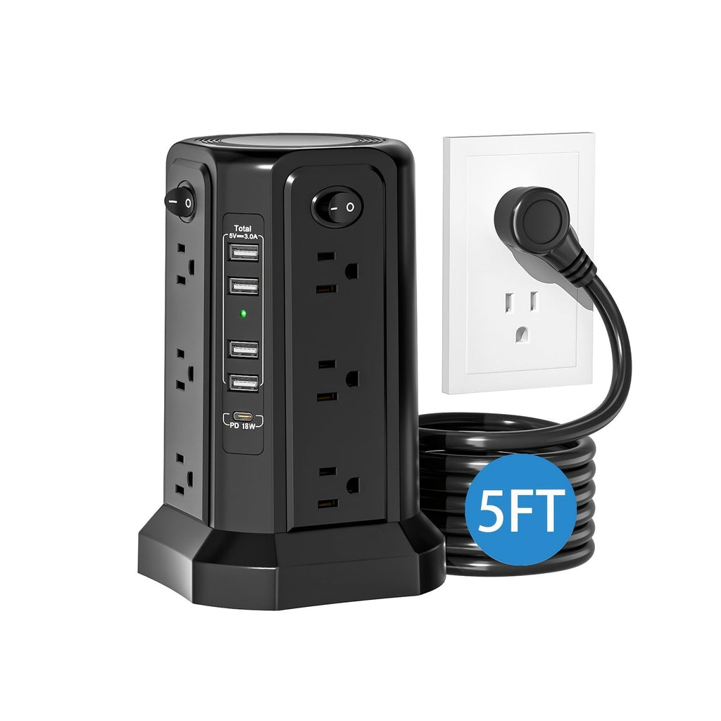 Power Strip Tower, 16 AC Outlets, 5 USB Ports, USB-C PD 20W, 1500J Surge Protector, Flat Plug Desktop Extension Cord