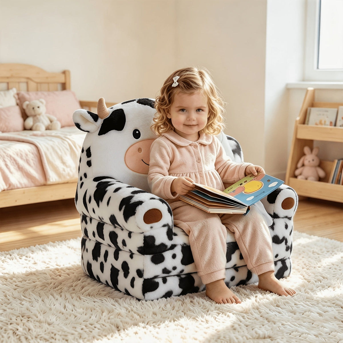 Kids 2-in-1 Convertible Flip-Out Sofa Bed Plush Faux Fur Toddler Couch 27.56×17.72×15.75 In Playroom & Nursery – Black & White / Pink & White Cow Print