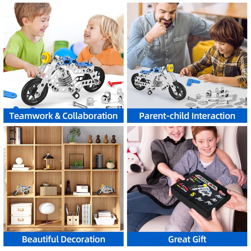 Metal Erector Set Motorcycle STEM Building Kit, 139 Pieces for Kids Age 8+, 5-in-1 Multi-Shape Motorbike Construction Model Toy, STEAM Educational Engineering Gift for Boys Girls Teens