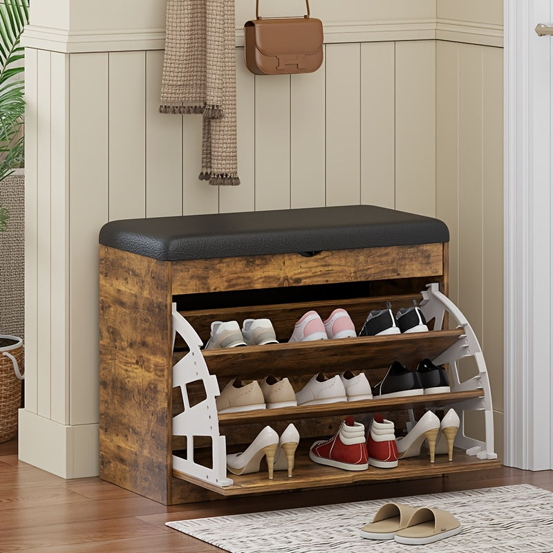 Multifunctional Shoe Cabinet with Upholstered Seat & Drawers – Entryway Shoe Bench Storage All-in-One in Brown & White