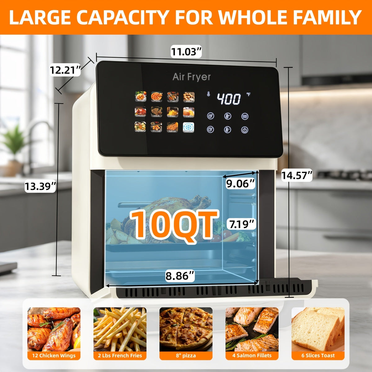 Air Fryer Oven 10Qt 12-in-1 Smart Convection – Glass View Window Nonstick Basket Touchscreen Controls for Kitchen in Cream White & Black