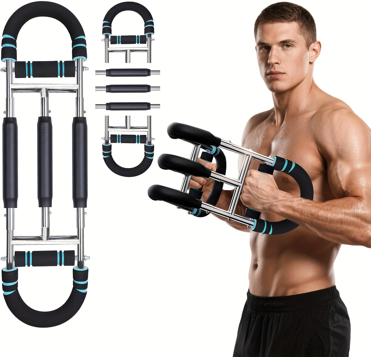 Adjustable Spring Exercise Bar 3-Speed Resistance Arm Trainer for Forearm, Triceps, and Chest Strength, Detachable Portable Home Gym Fitness Equipment, Upper Body Muscle Builder - Black Mini, Red 3-Tube, Blue Reinforced