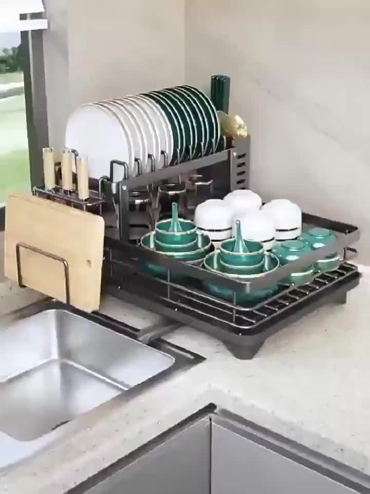 2-Tier Dish Drying Rack for Kitchen Counter with Drainboard, Drain Mat, Knife, Fork, and Cup Holder, Utensil Organizer, Dish Drainer, Kitchen Gadget Gift for Women, Mother's Day