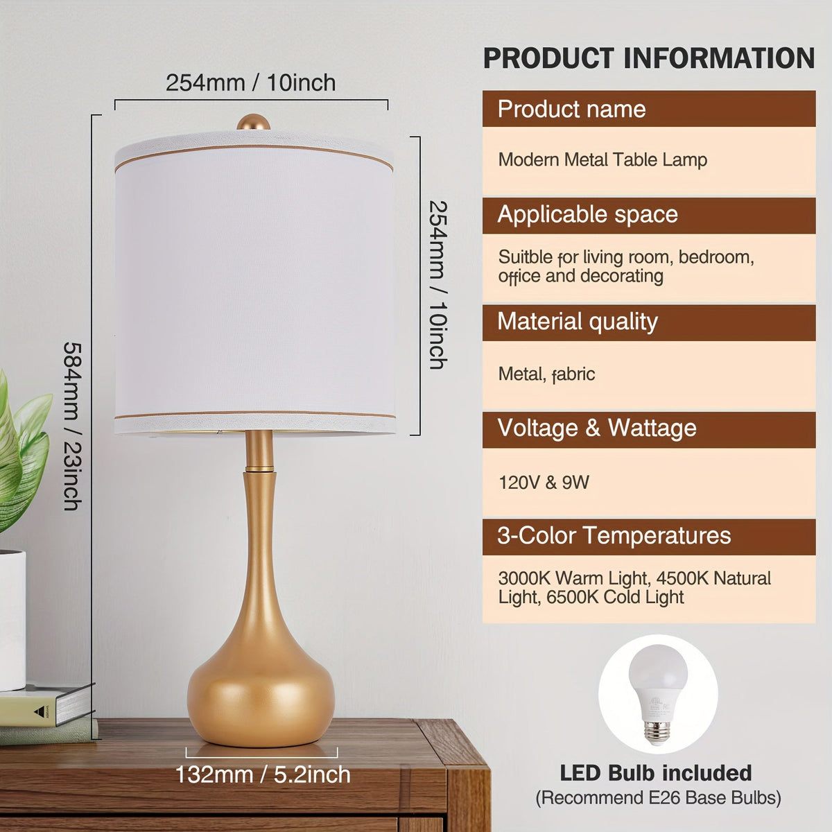 23" Modern Metal Table Lamp – 3 Color Temperatures Linen Shade 9W LED Included Bedside Lamp for Bedroom Living Room Office & Dorm in Golden Black & Dark Black