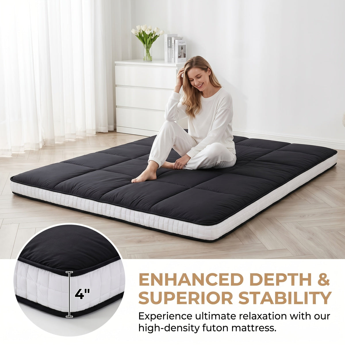 Japanese-Style Foldable Floor Mattress – Portable Roll-Up Guest Bedding for RV Travel Camping & Everyday Floor Lounging in Twin Full & Queen in Black & Grey